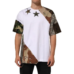 White Camouflage Patckwork Men Cotton T-shirt