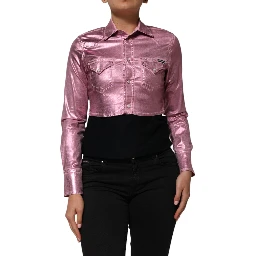 Pink Cotton Stretch Collared Cropped Jacket