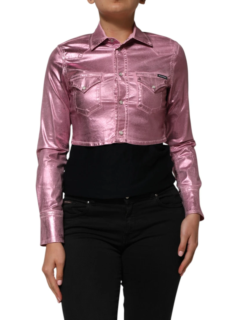 Pink Cotton Stretch Collared Cropped Jacket