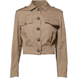 Beige Cotton Button Up Fitted Cropped Jacket