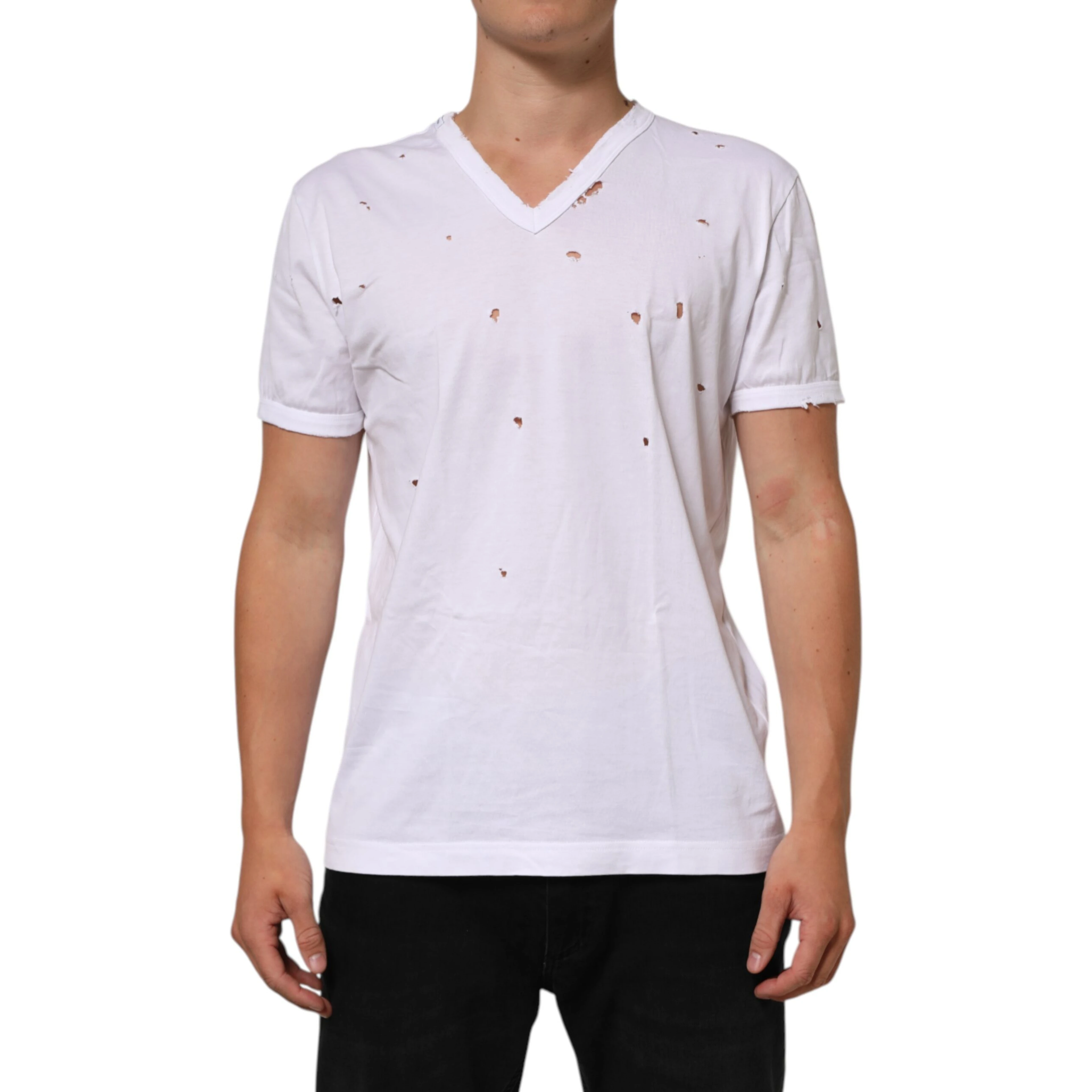 White Distressed Cotton V Neck Men T-shirt