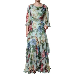 Blue Floral Print Tiered Long Maxi Dress