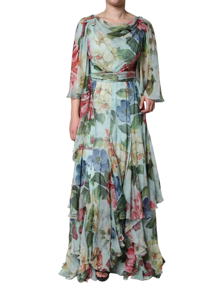 Blue Floral Print Tiered Long Maxi Dress
