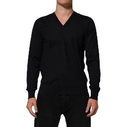 Black Cashmere Knit V-Neck Pullover Sweater