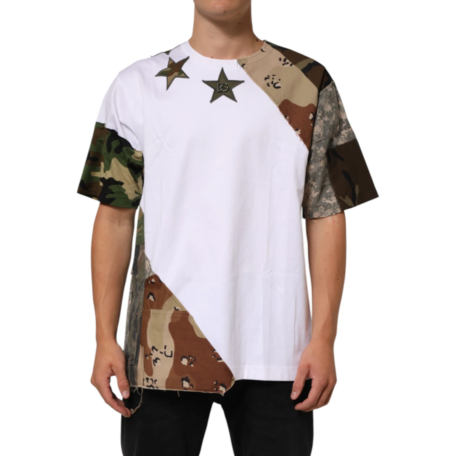 White Camouflage Patckwork Men Cotton T-shirt
