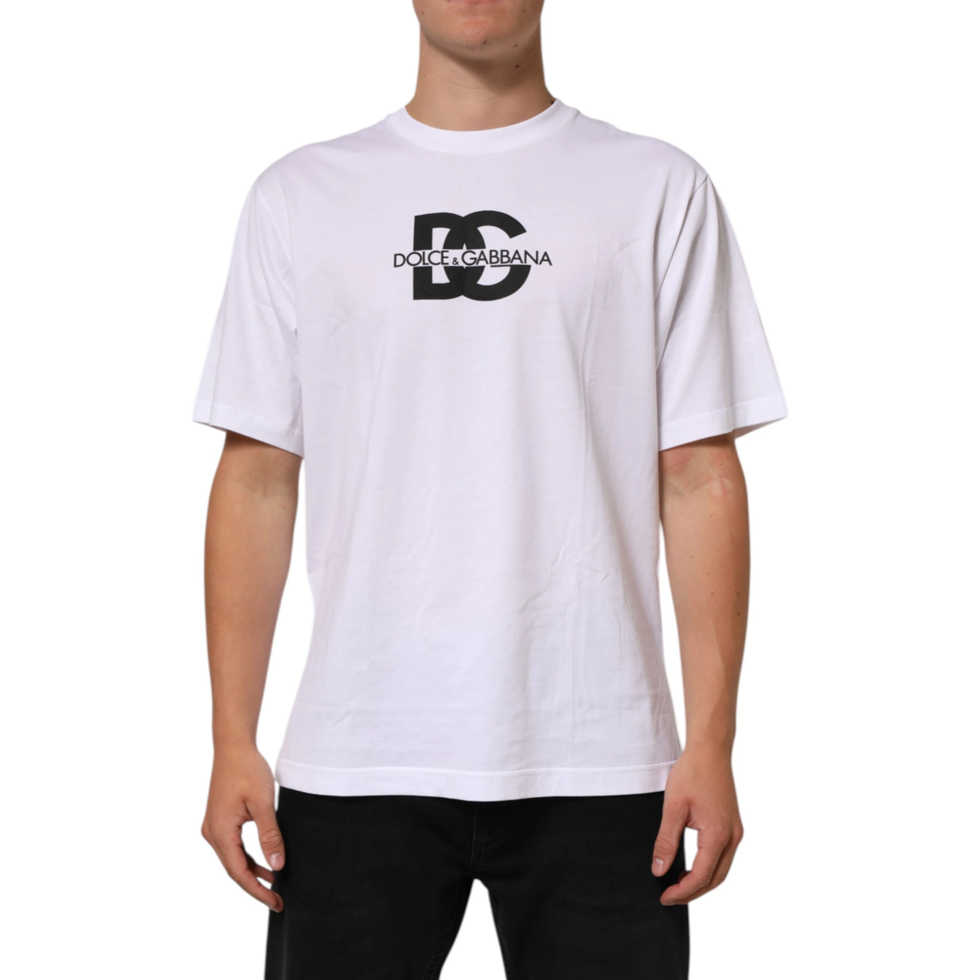 White Logo Print Cotton Crew Neck Men T-shirt