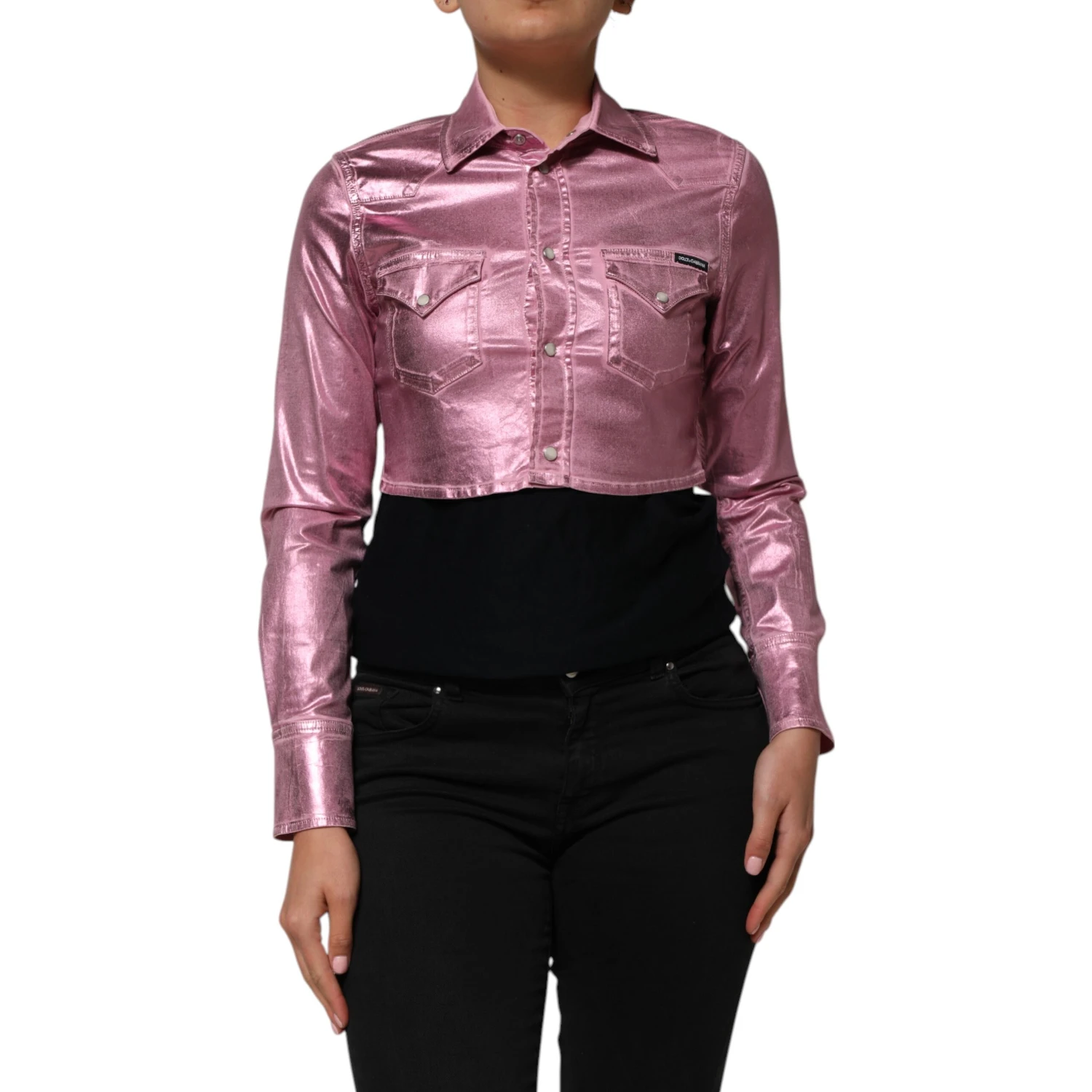 Pink Cotton Stretch Collared Cropped Jacket