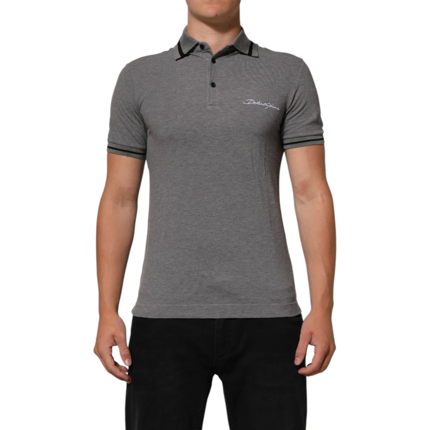 Gray Logo Embroidery Collared Polo T-shirt