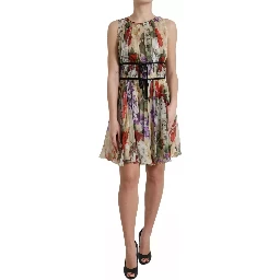Beige Floral Sleeveless A-line Mini Dress