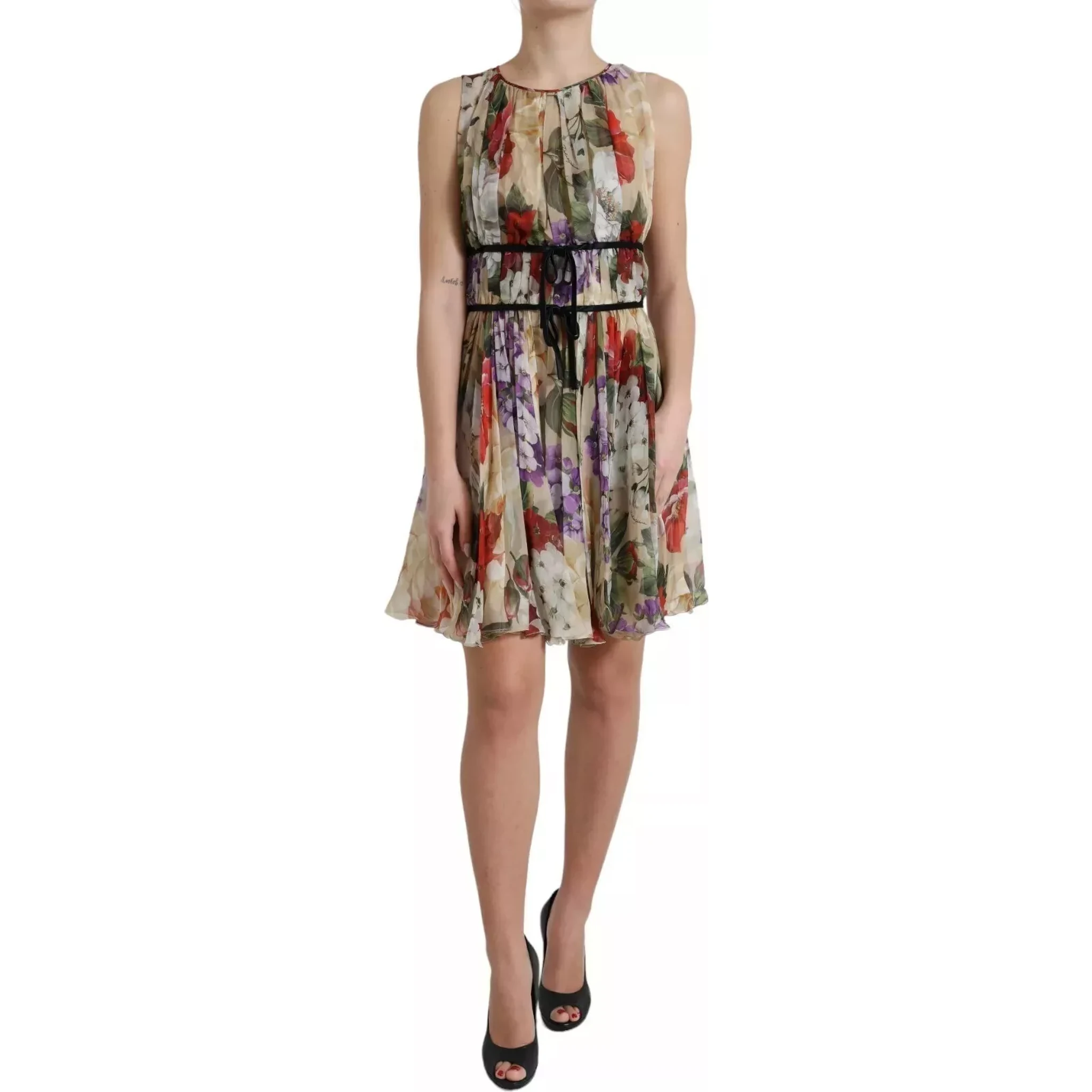 Beige Floral Sleeveless A-line Mini Dress