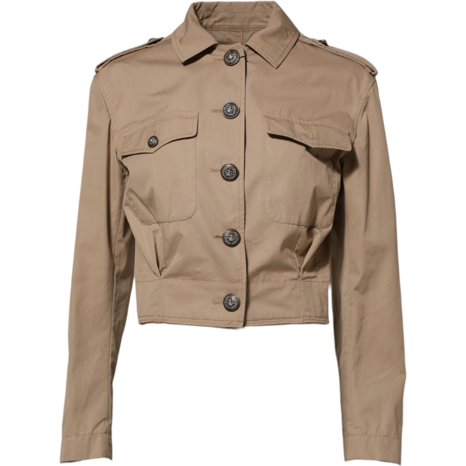 Beige Cotton Button Up Fitted Cropped Jacket