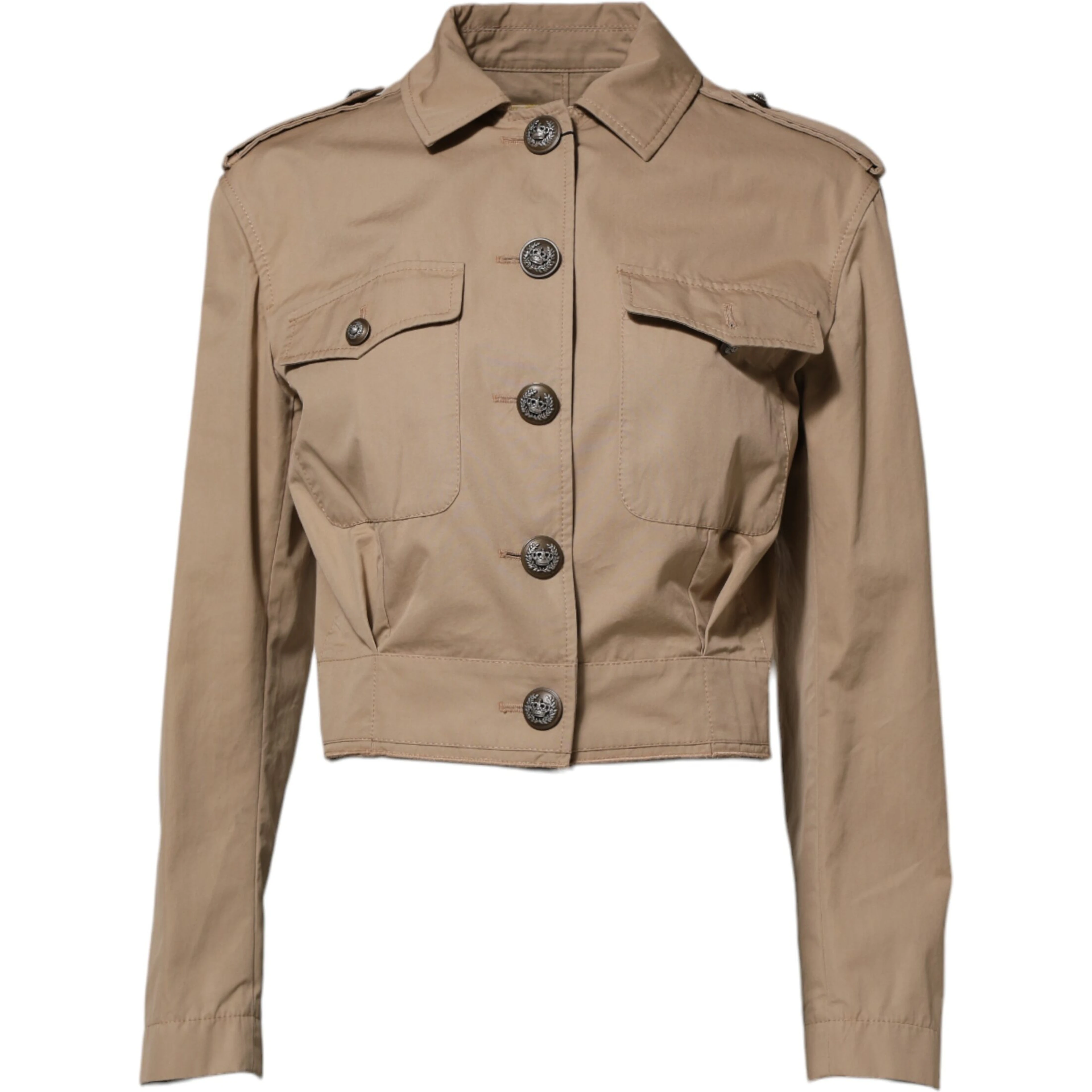 Beige Cotton Button Up Fitted Cropped Jacket