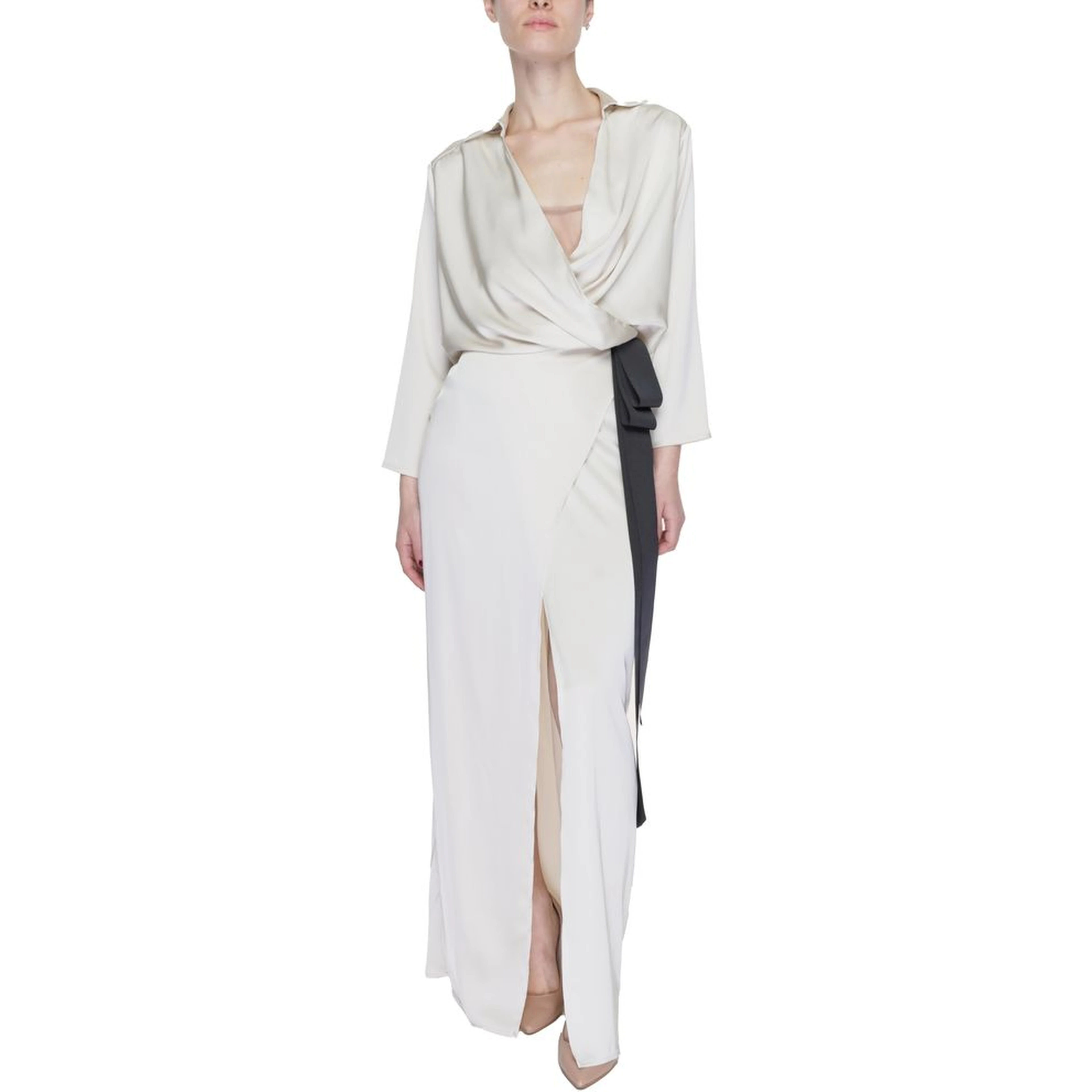 Beige Polyester Long Dress