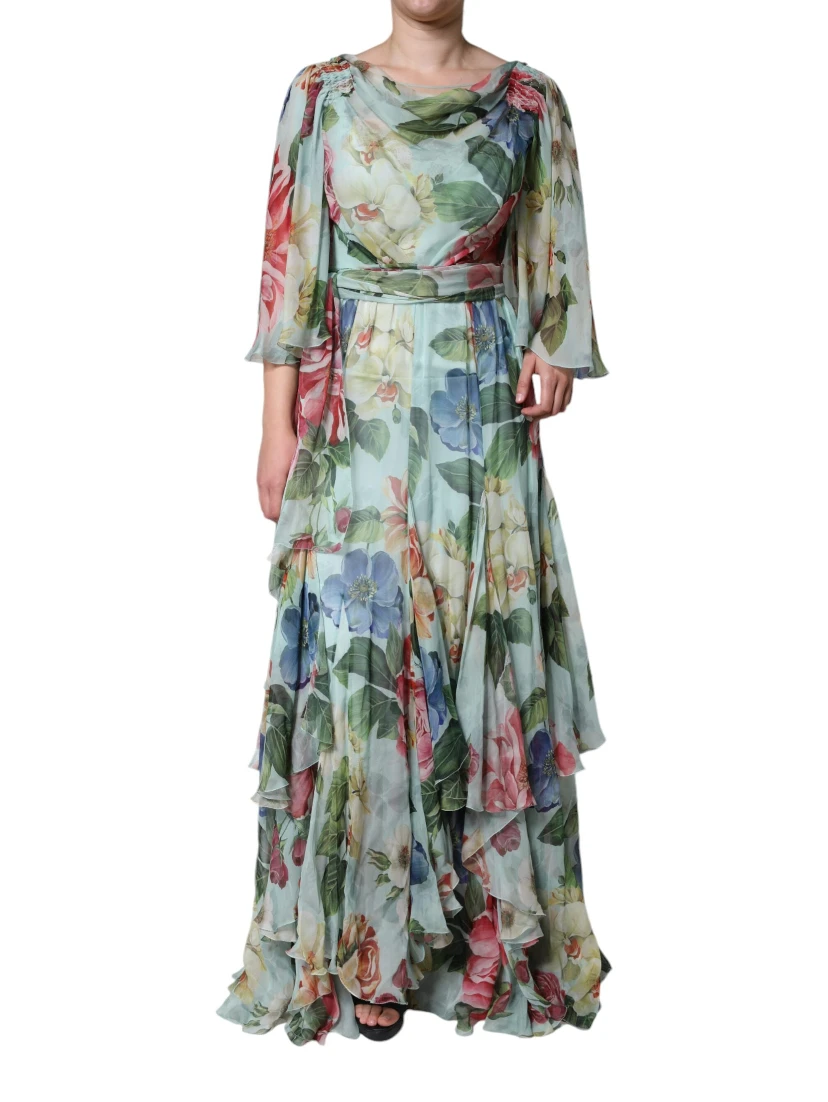 Blue Floral Print Tiered Long Maxi Dress