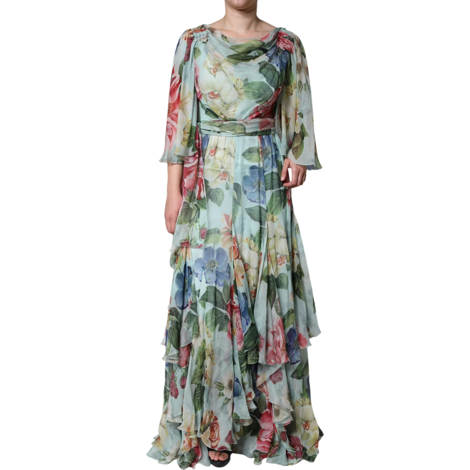 Blue Floral Print Tiered Long Maxi Dress