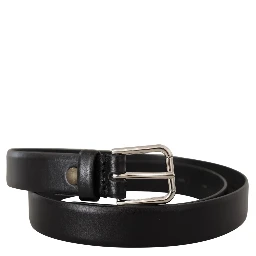 Black Calf Leather Silver Tone Logo Buckle Belt
