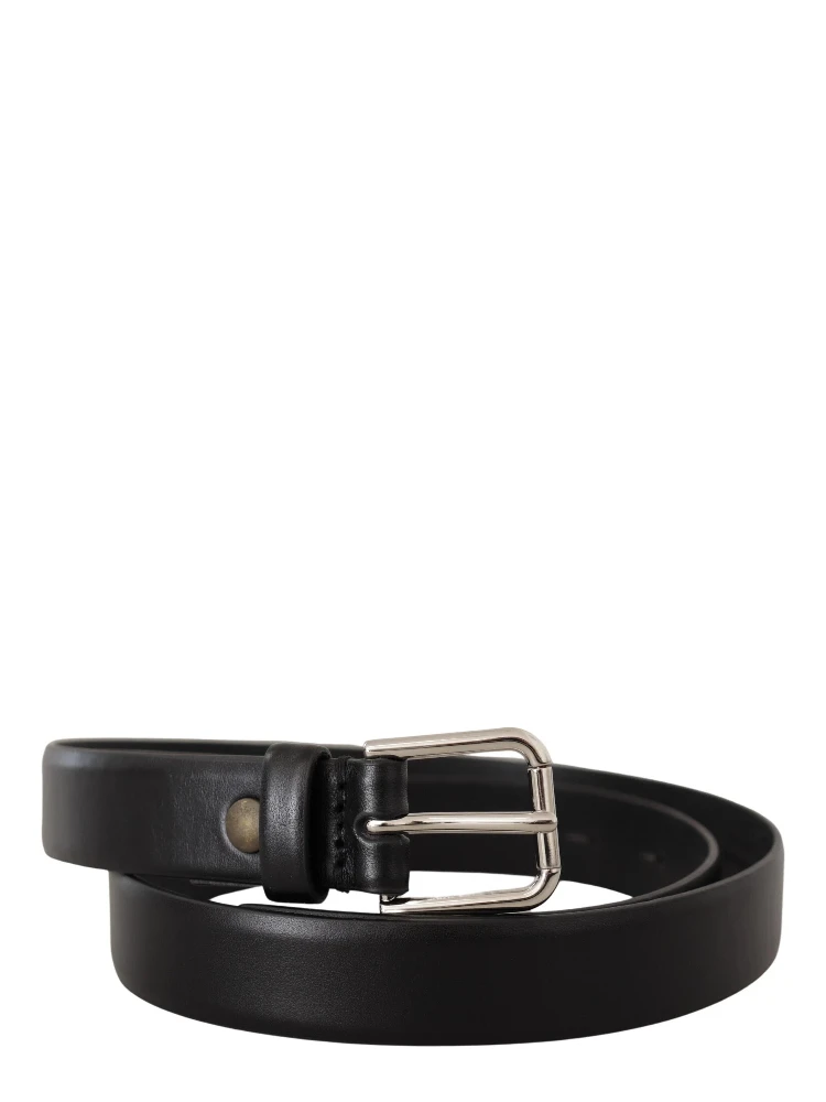 Black Calf Leather Silver Tone Logo Buckle Belt
