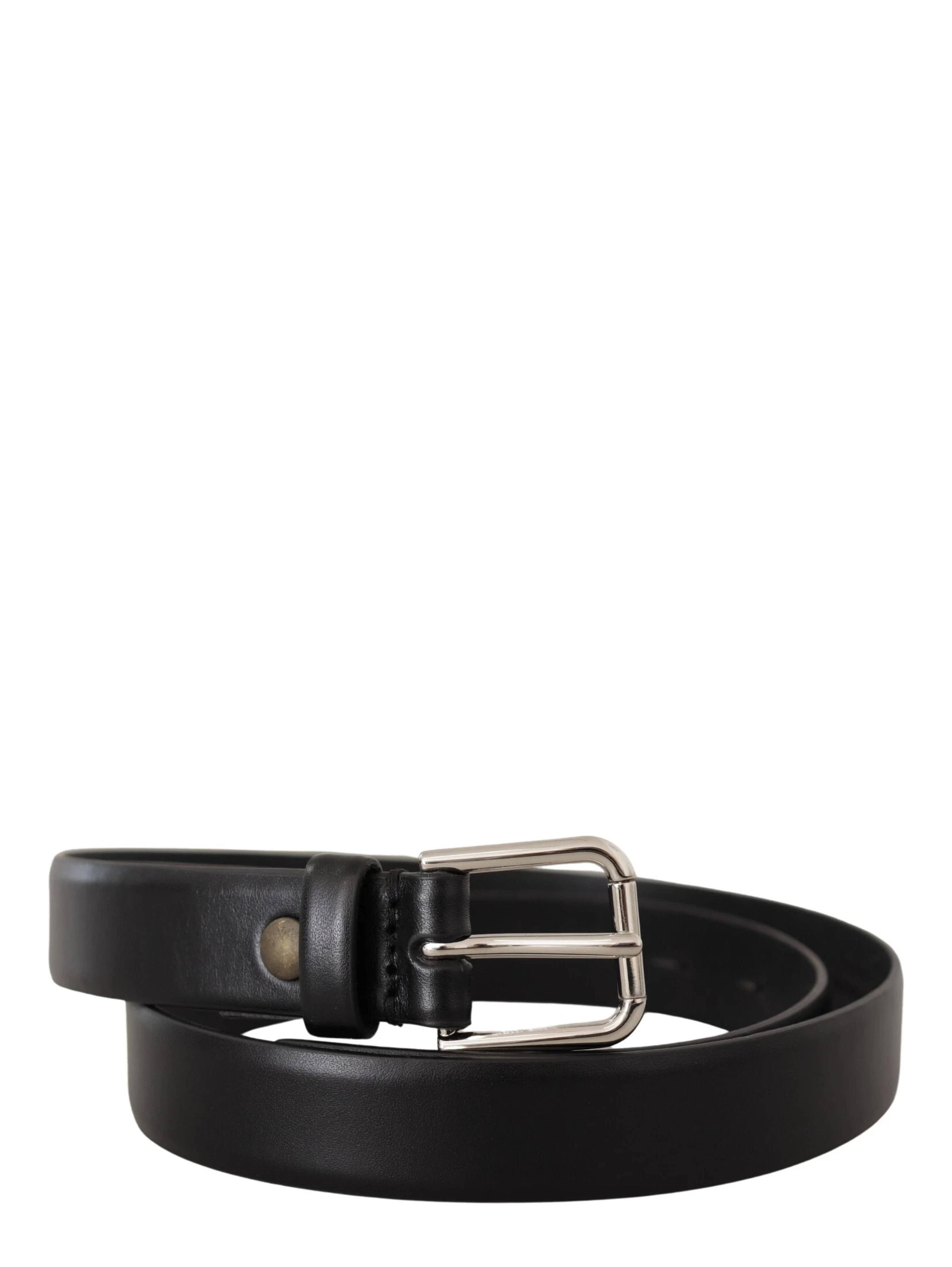 Black Calf Leather Silver Tone Logo Buckle Belt
