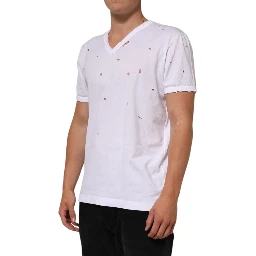 White Distressed Cotton V Neck Men T-shirt