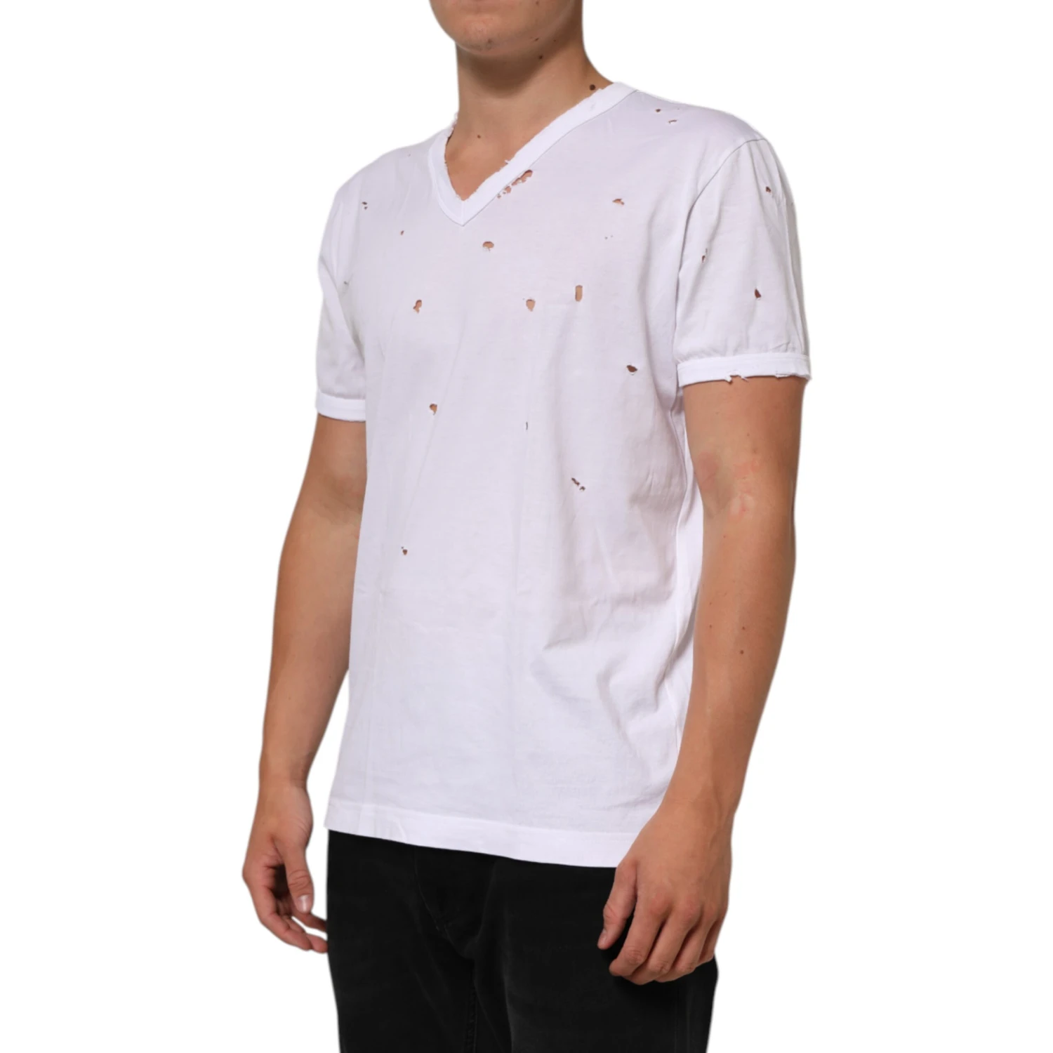 White Distressed Cotton V Neck Men T-shirt