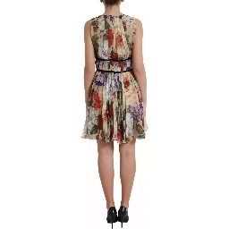Beige Floral Sleeveless A-line Mini Dress