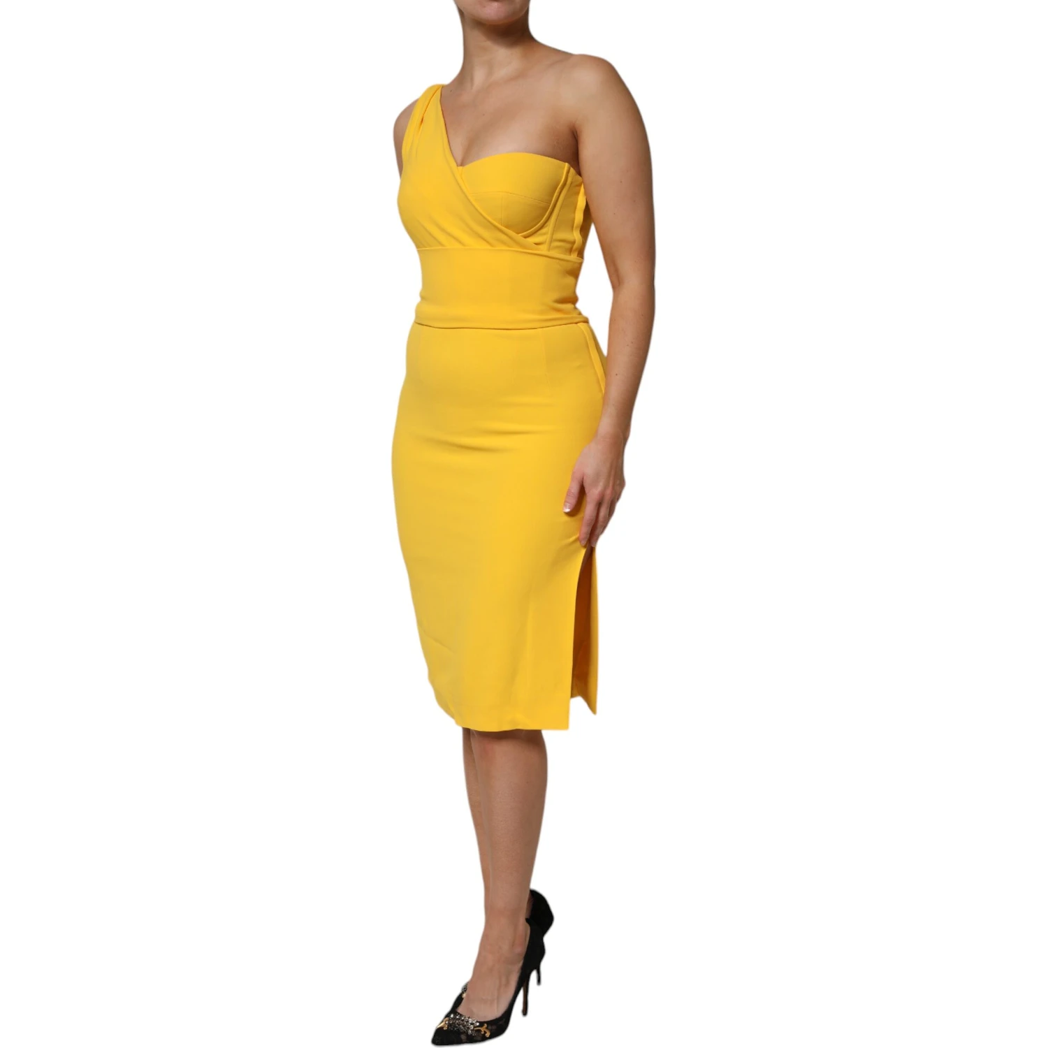 Yellow One Shoulder Side Slit Sheath Dress