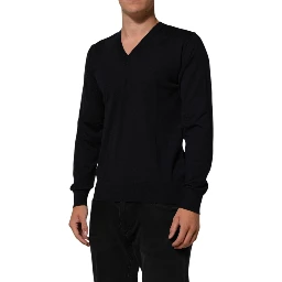 Black Cashmere Knit V-Neck Pullover Sweater
