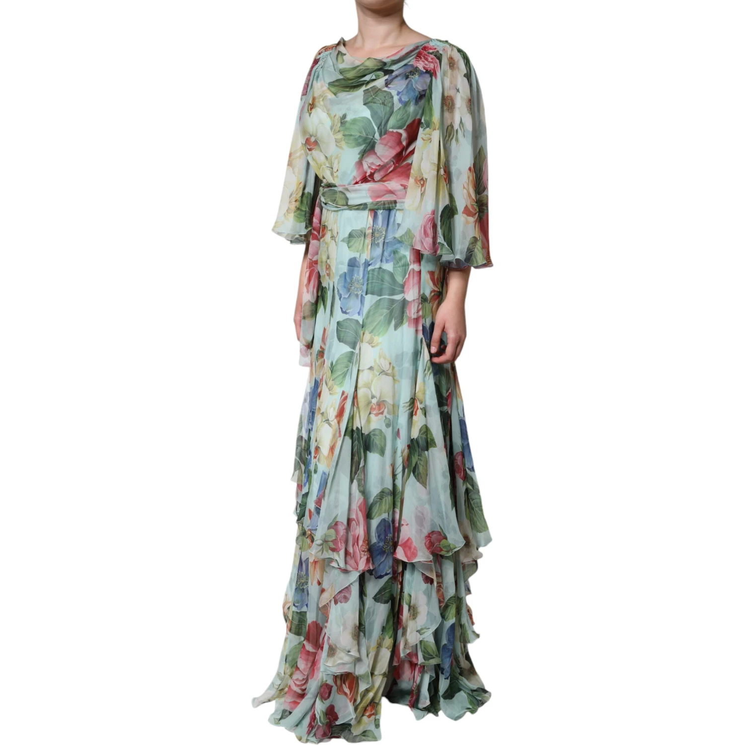 Blue Floral Print Tiered Long Maxi Dress