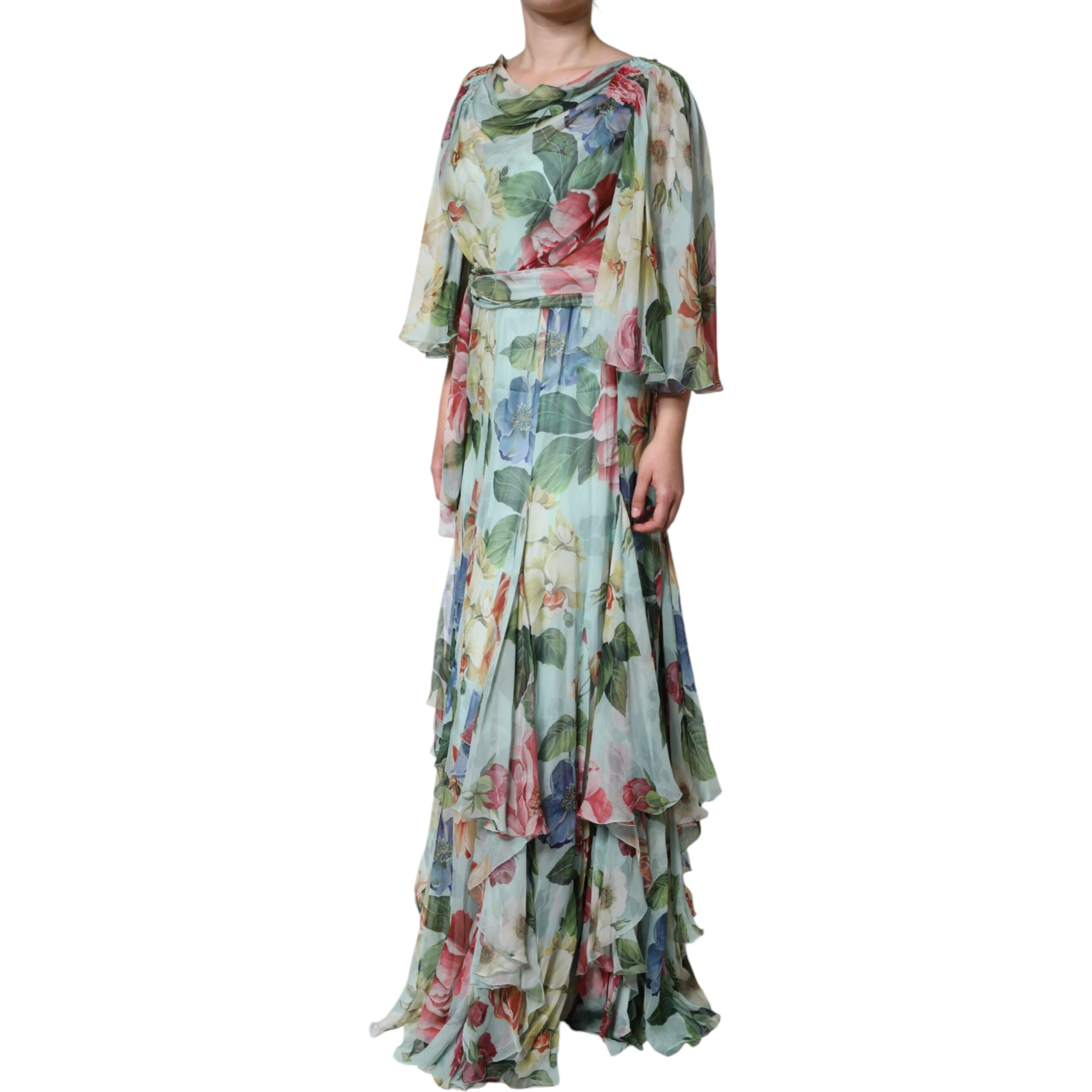 Blue Floral Print Tiered Long Maxi Dress