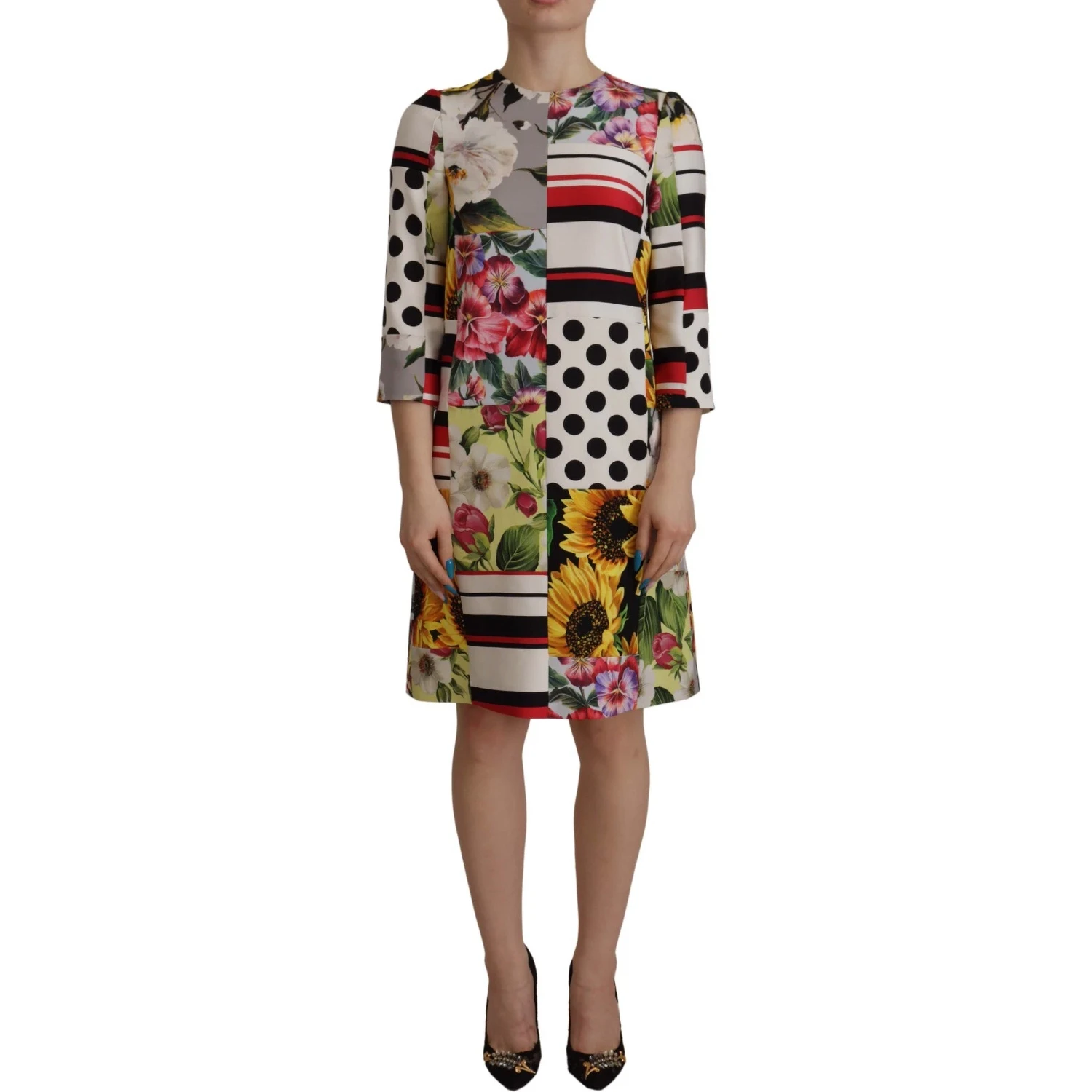 Multicolor Pachwork Charmeuse Floral Shift Dress