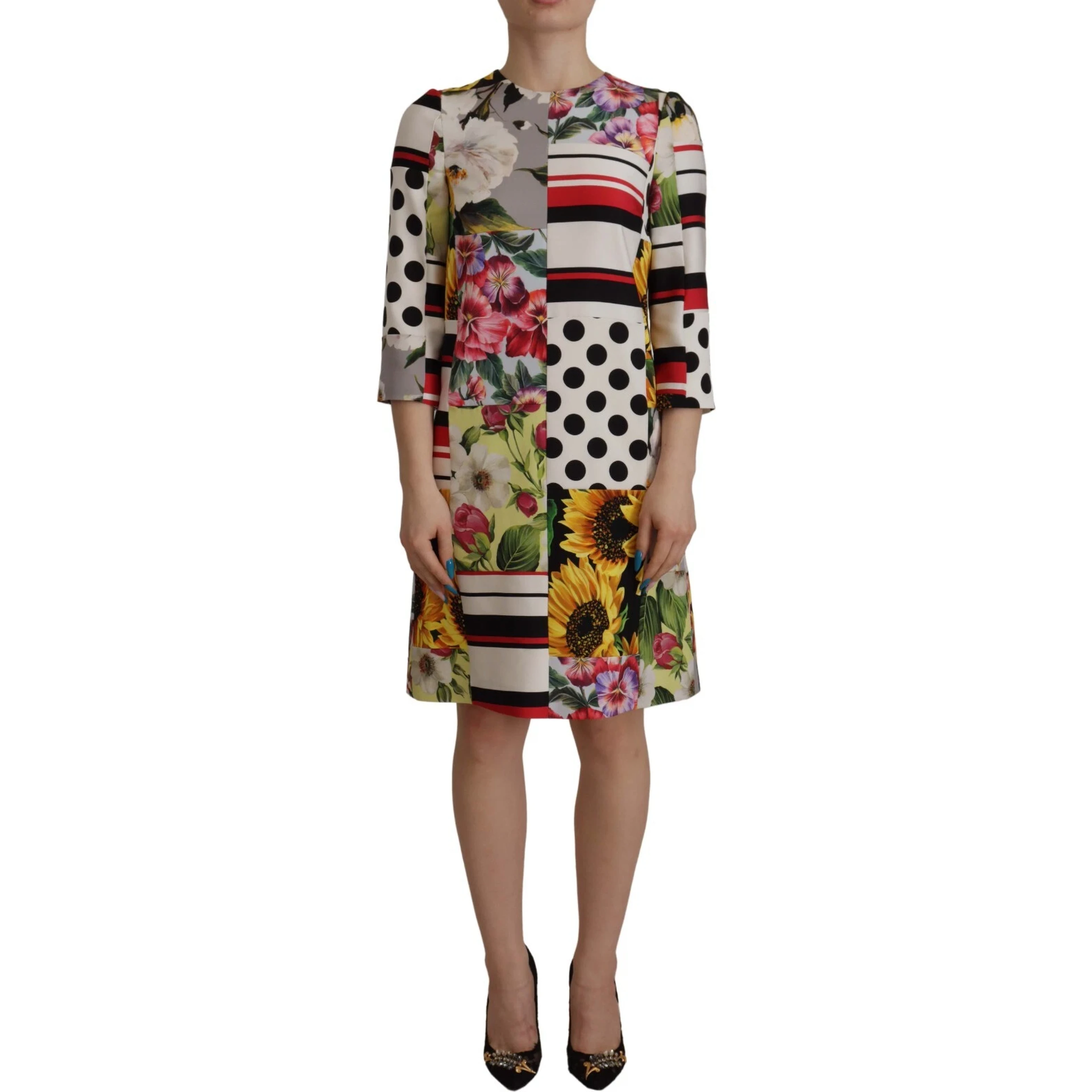 Multicolor Pachwork Charmeuse Floral Shift Dress
