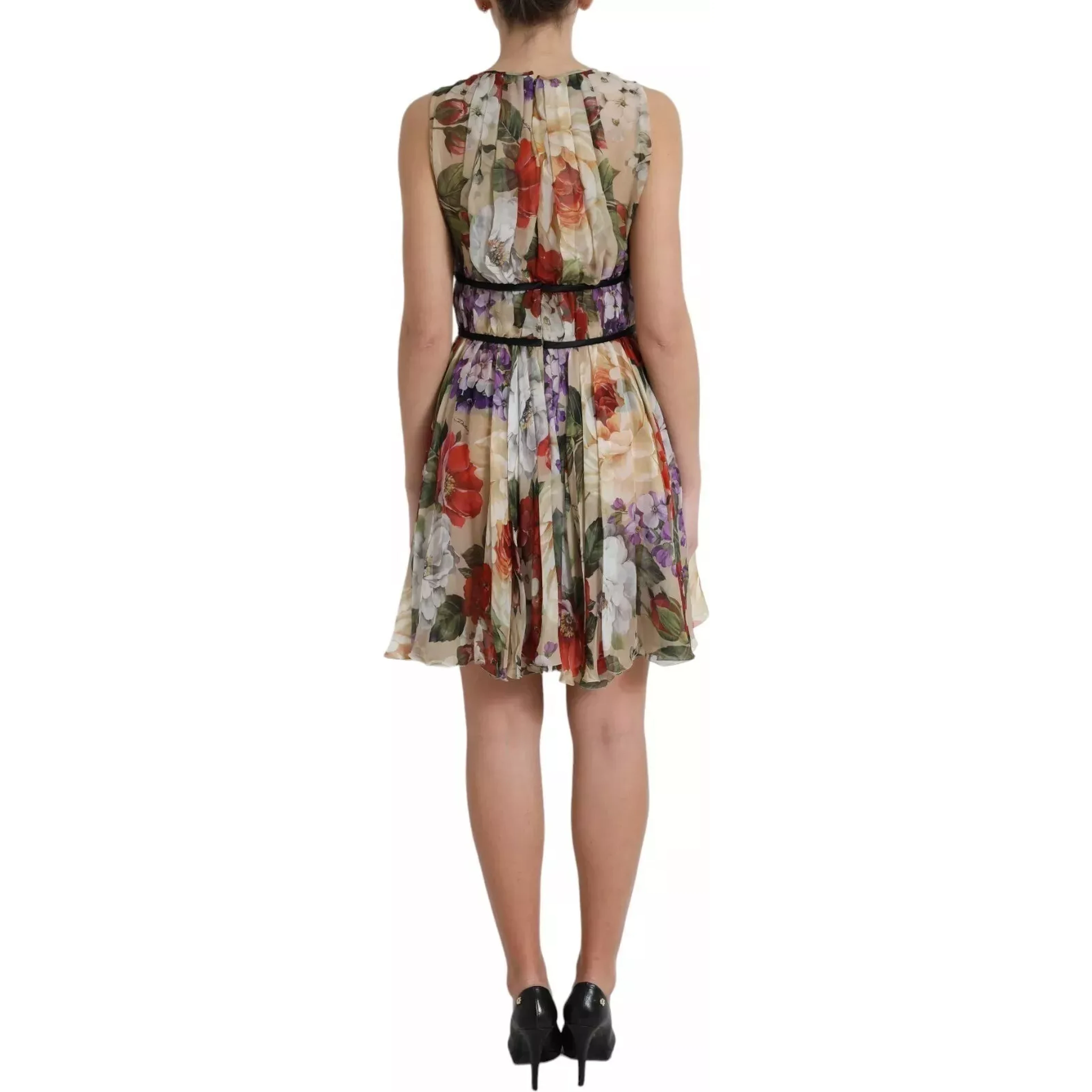 Beige Floral Sleeveless A-line Mini Dress