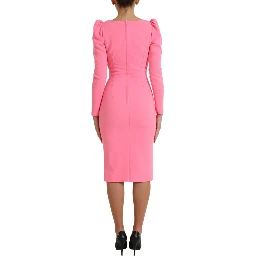 Pink Polyester Long Sleeves Sheath Midi Dress