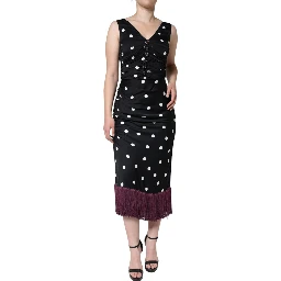 Black Silk Polka Dot Vneck Tassel Midi Dress