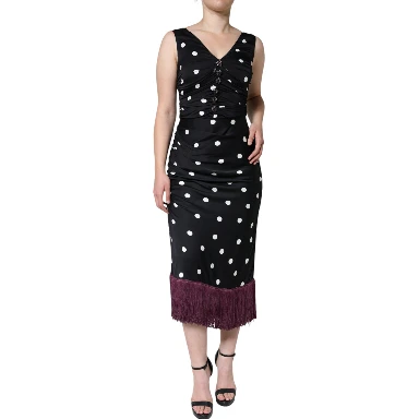 Black Silk Polka Dot Vneck Tassel Midi Dress