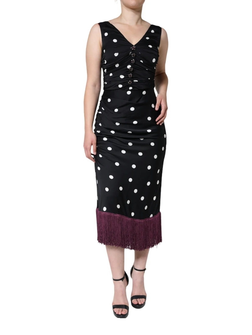Black Silk Polka Dot Vneck Tassel Midi Dress