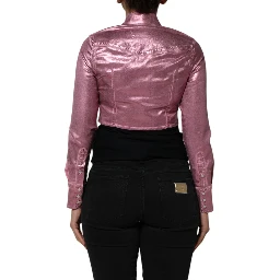 Pink Cotton Stretch Collared Cropped Jacket