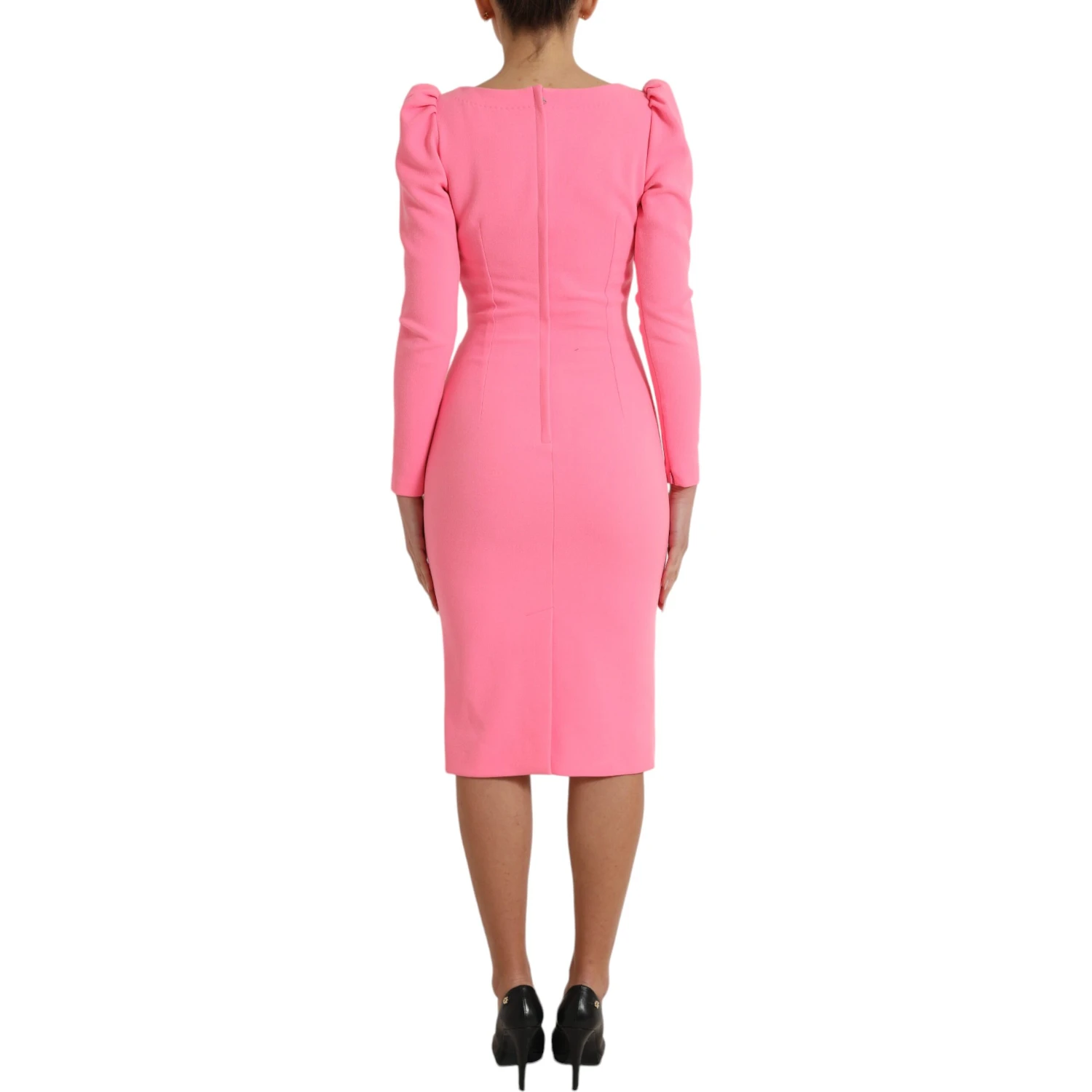 Pink Polyester Long Sleeves Sheath Midi Dress