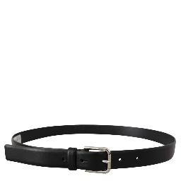 Black Calf Leather Silver Tone Logo Buckle Belt