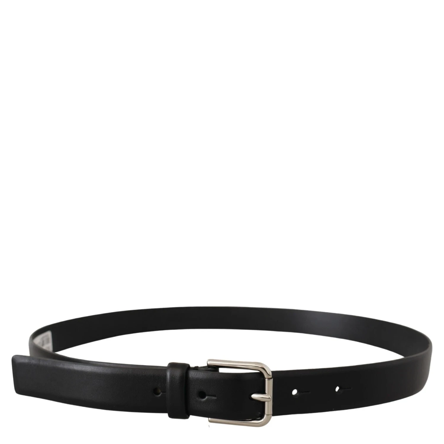 Black Calf Leather Silver Tone Logo Buckle Belt