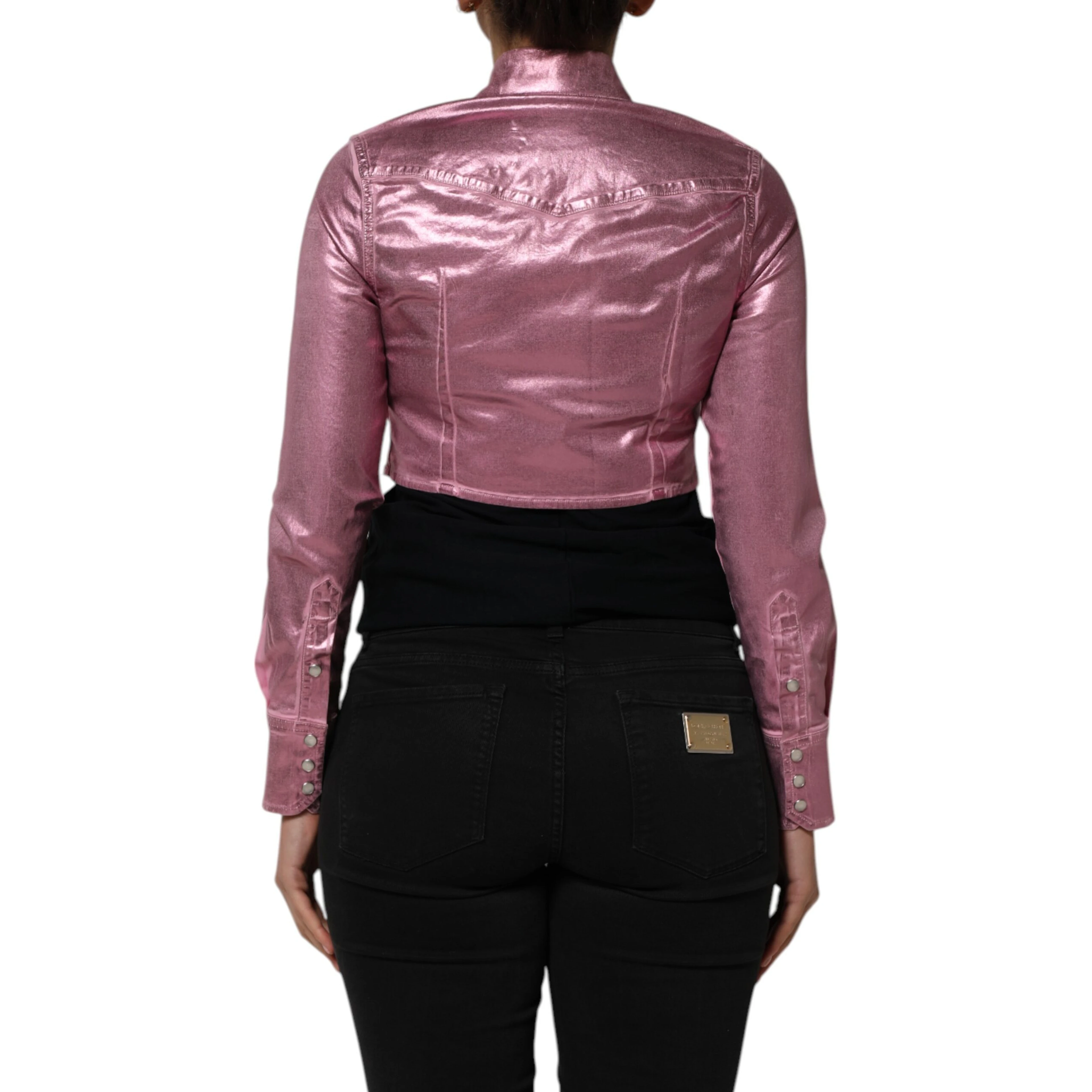 Pink Cotton Stretch Collared Cropped Jacket