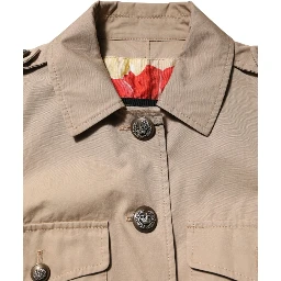 Beige Cotton Button Up Fitted Cropped Jacket