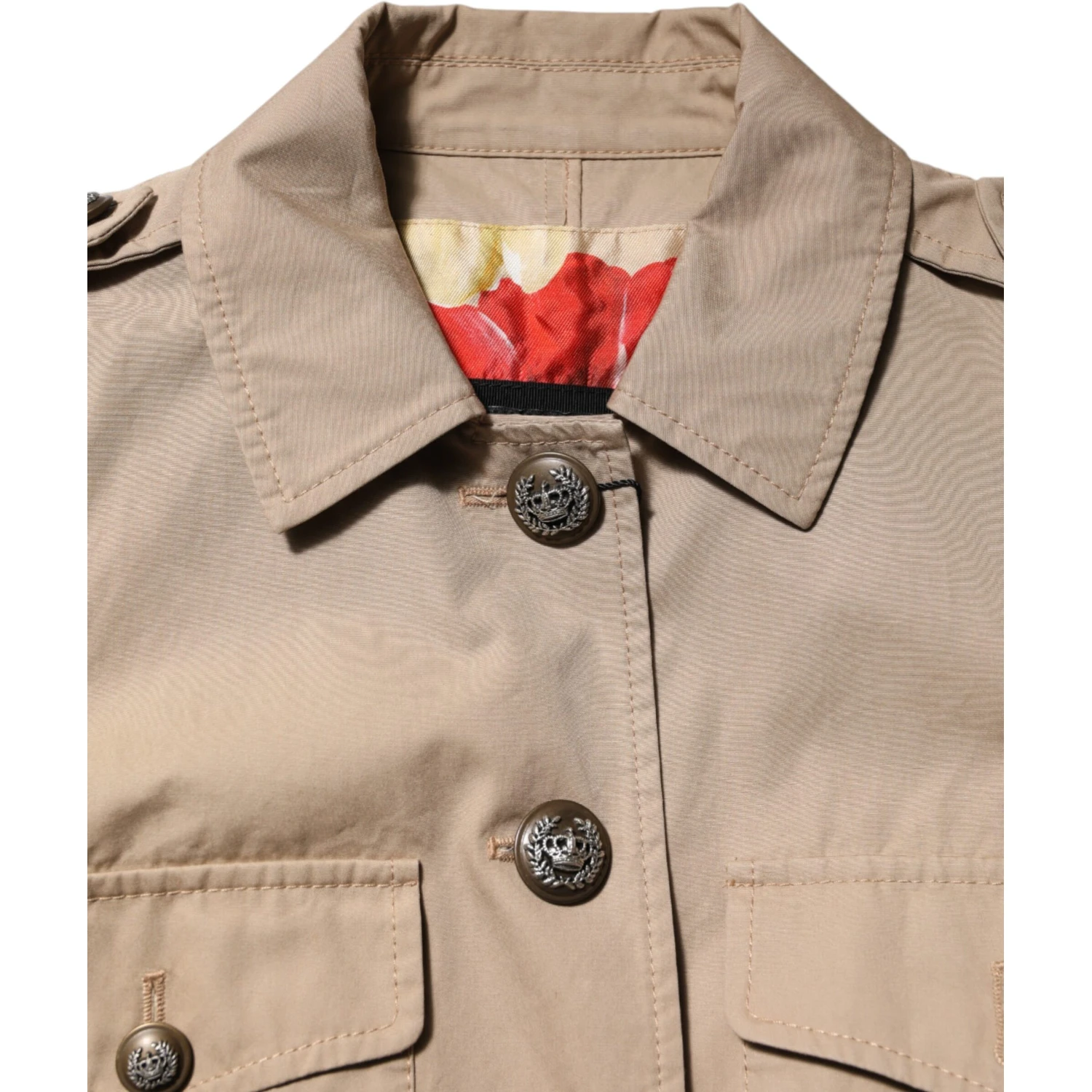 Beige Cotton Button Up Fitted Cropped Jacket