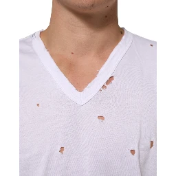 White Distressed Cotton V Neck Men T-shirt