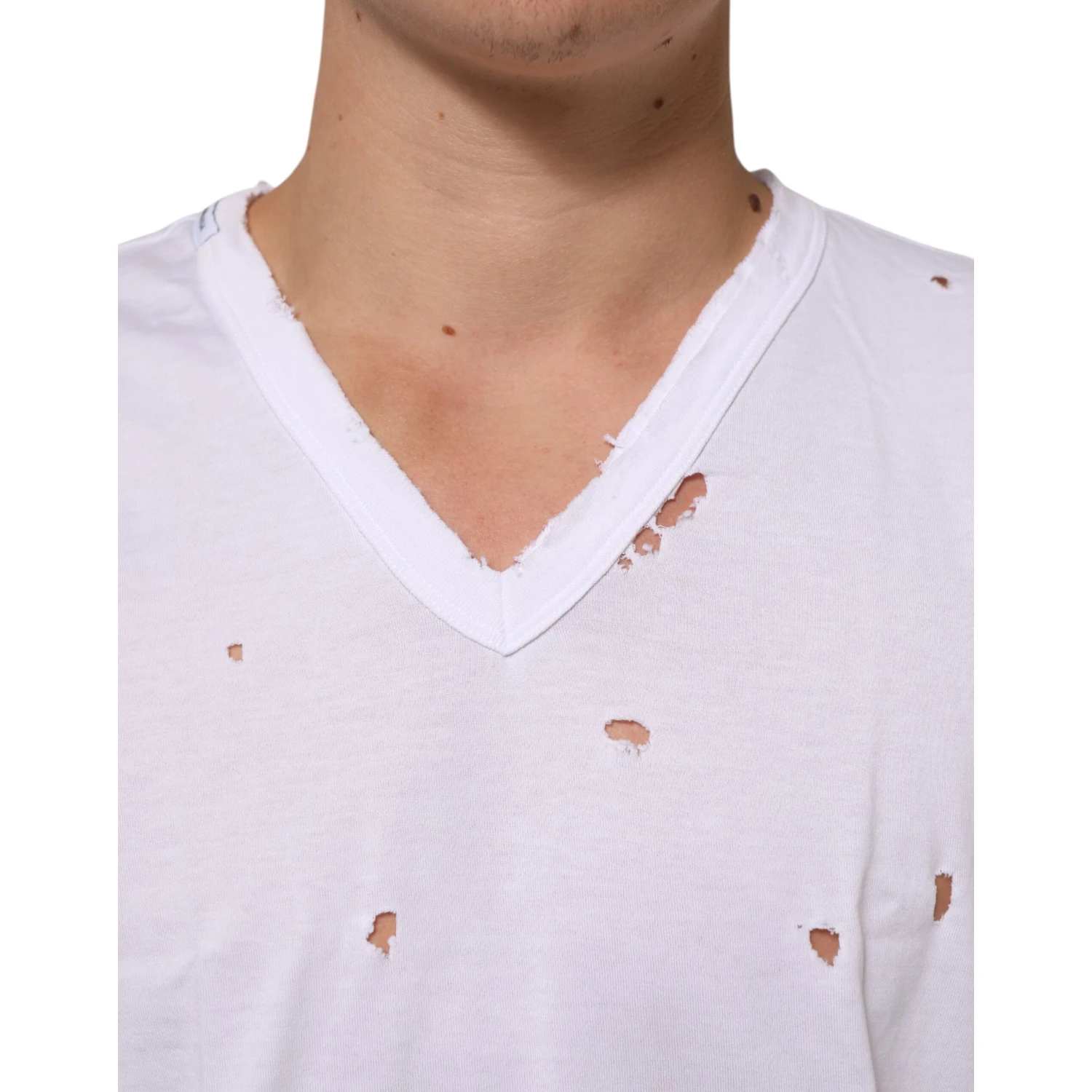 White Distressed Cotton V Neck Men T-shirt