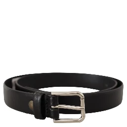 Black Calf Leather Silver Tone Logo Buckle Belt