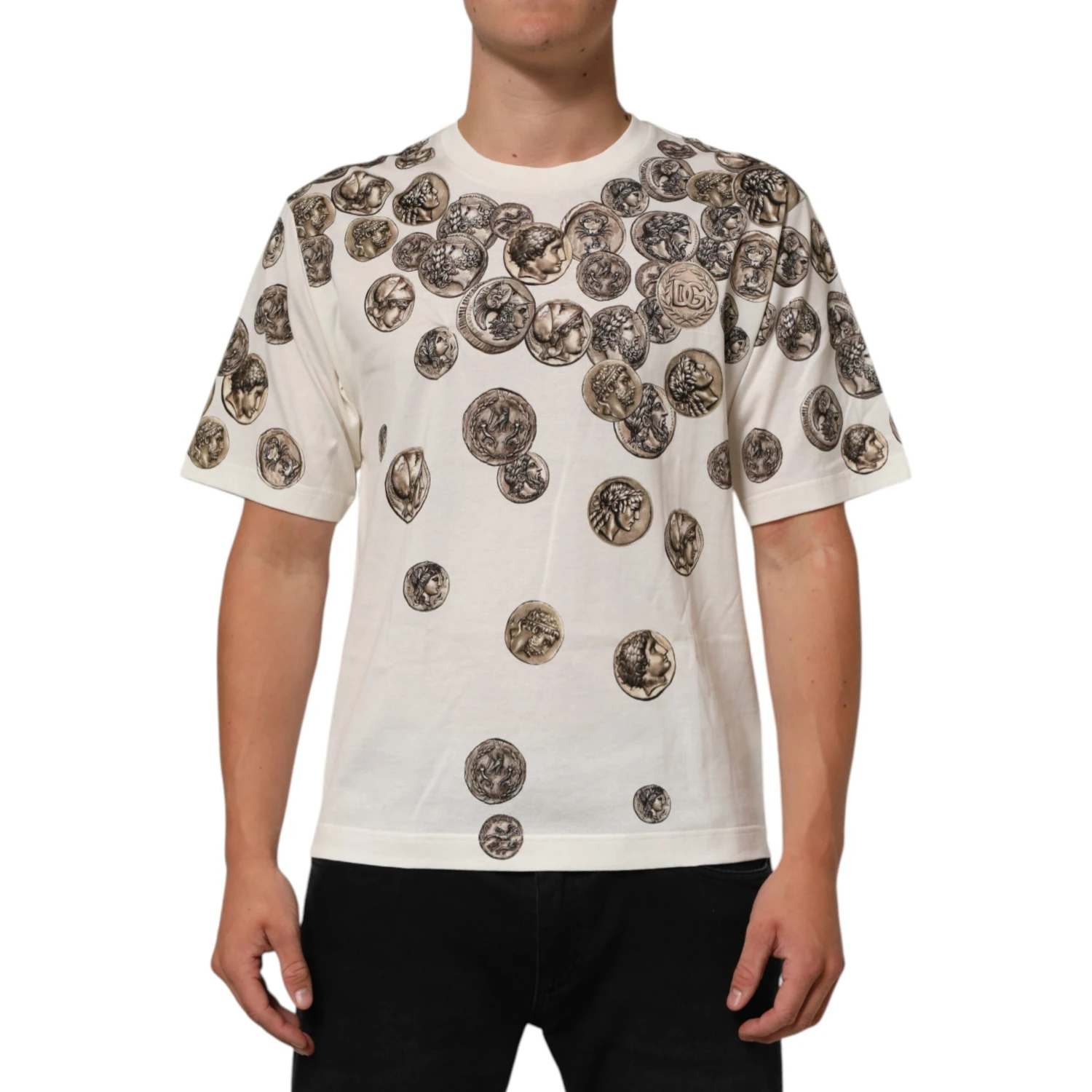 White Coin Print Cotton Crew Neck Men T-shirt