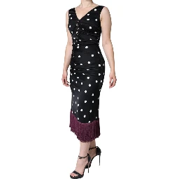 Black Silk Polka Dot Vneck Tassel Midi Dress