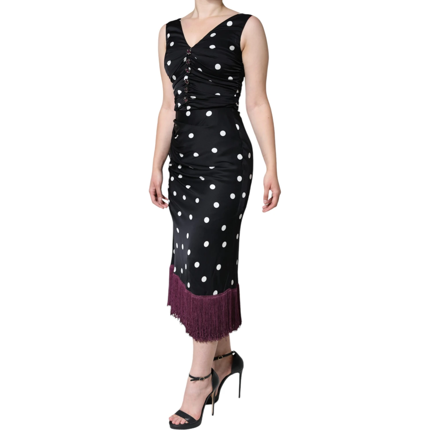 Black Silk Polka Dot Vneck Tassel Midi Dress