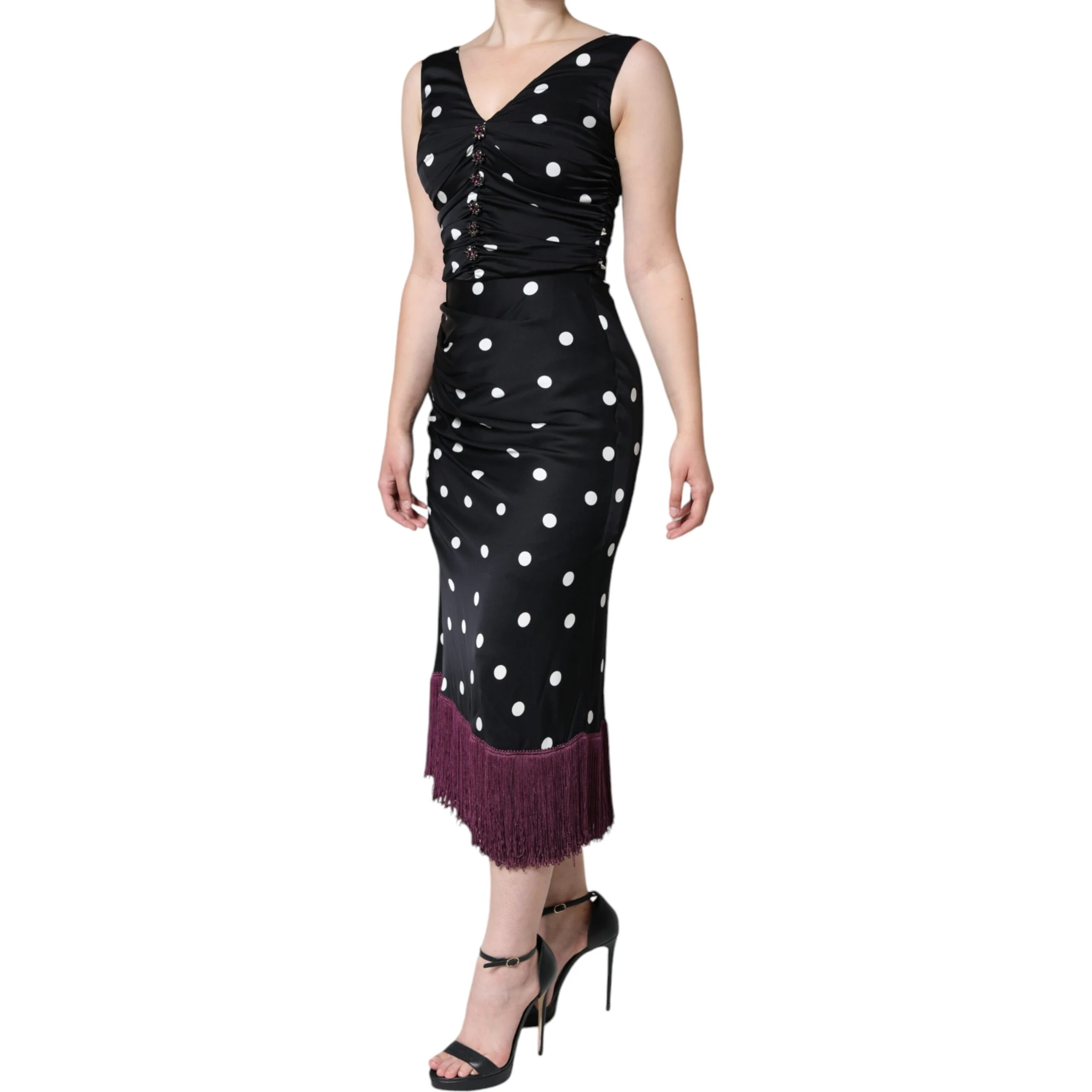 Black Silk Polka Dot Vneck Tassel Midi Dress